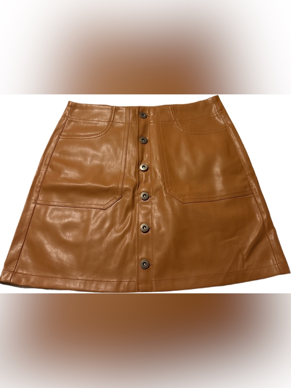 Jessica Simpson Tan Button-Front Faux Leather A-Line Skirt